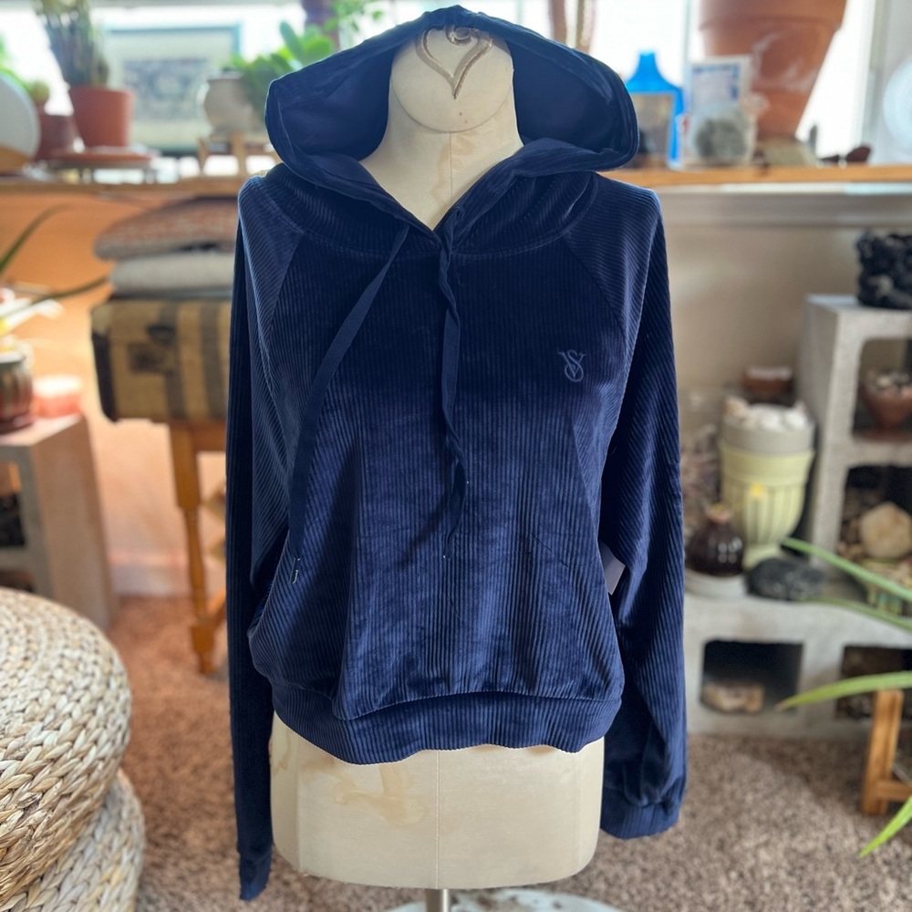 Victorias Secret On Pointe Velvet Ribbed Navy Hooded Pullover Sweatshirt cropped